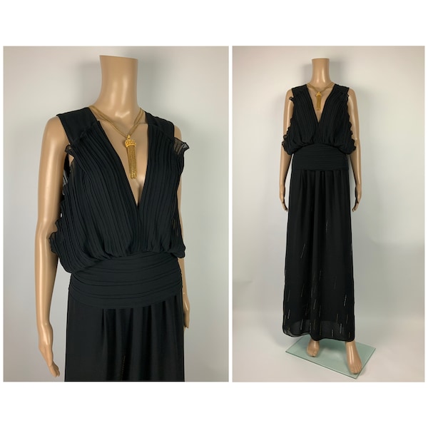 Vestido largo vintage estilo Hollywood de los años 70 con escote en V profundo y corpiño plisado, vestido de noche para gala de fin de año, tallas S a M
