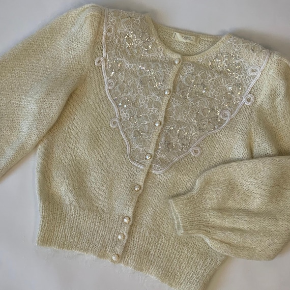 Vintage White Mohair Cardigan / Embellished Sequin Lace