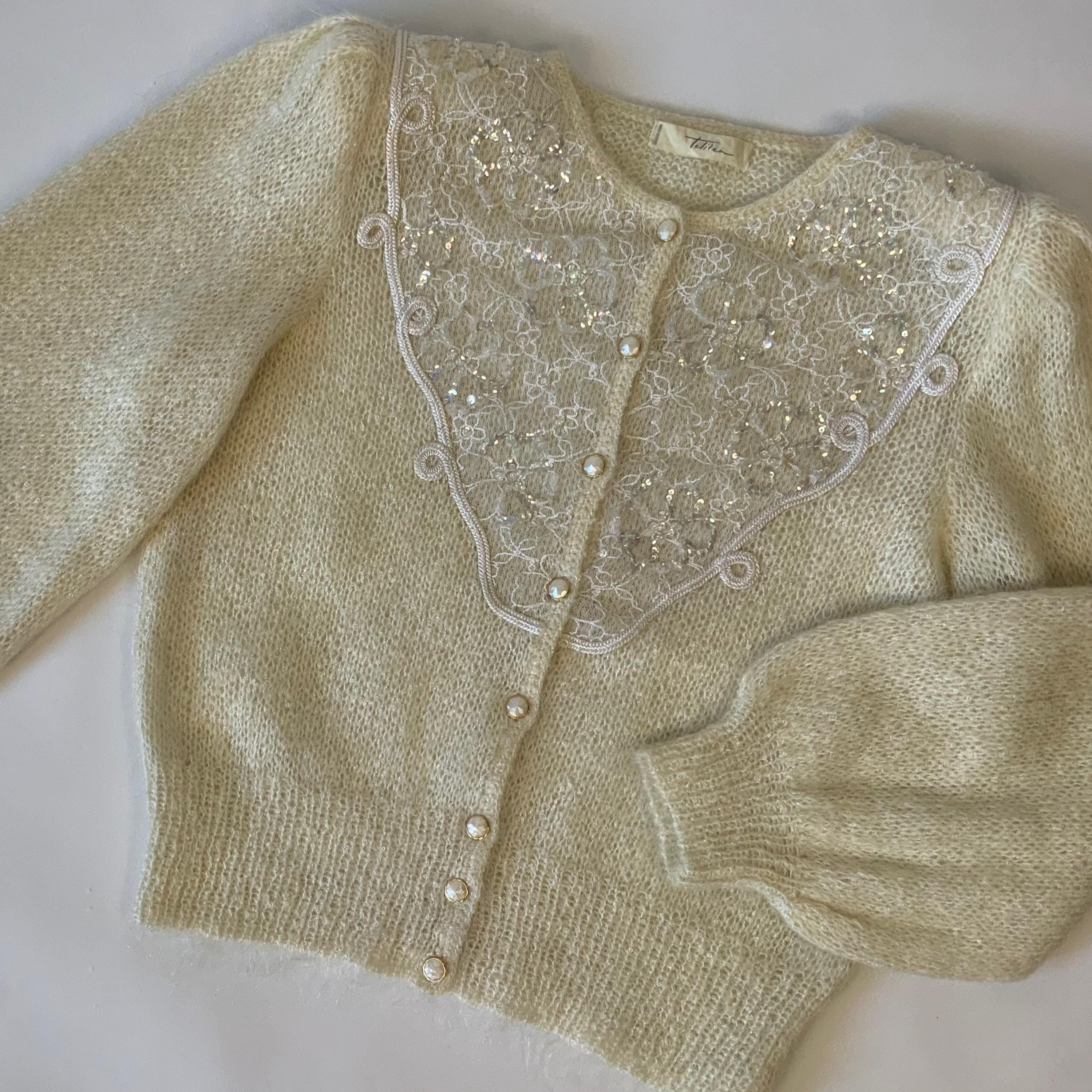 Vintage White Mohair Cardigan / Embellished Sequin Lace