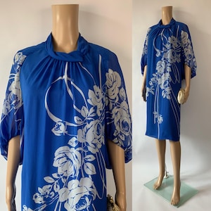 1960&#39;s Vintage Silk Cocktail Dress / Blue Floral Chiffon Dress / Cape Sleeve / Unique Sixties Vintage Dress / Size M / KAZAZIAN