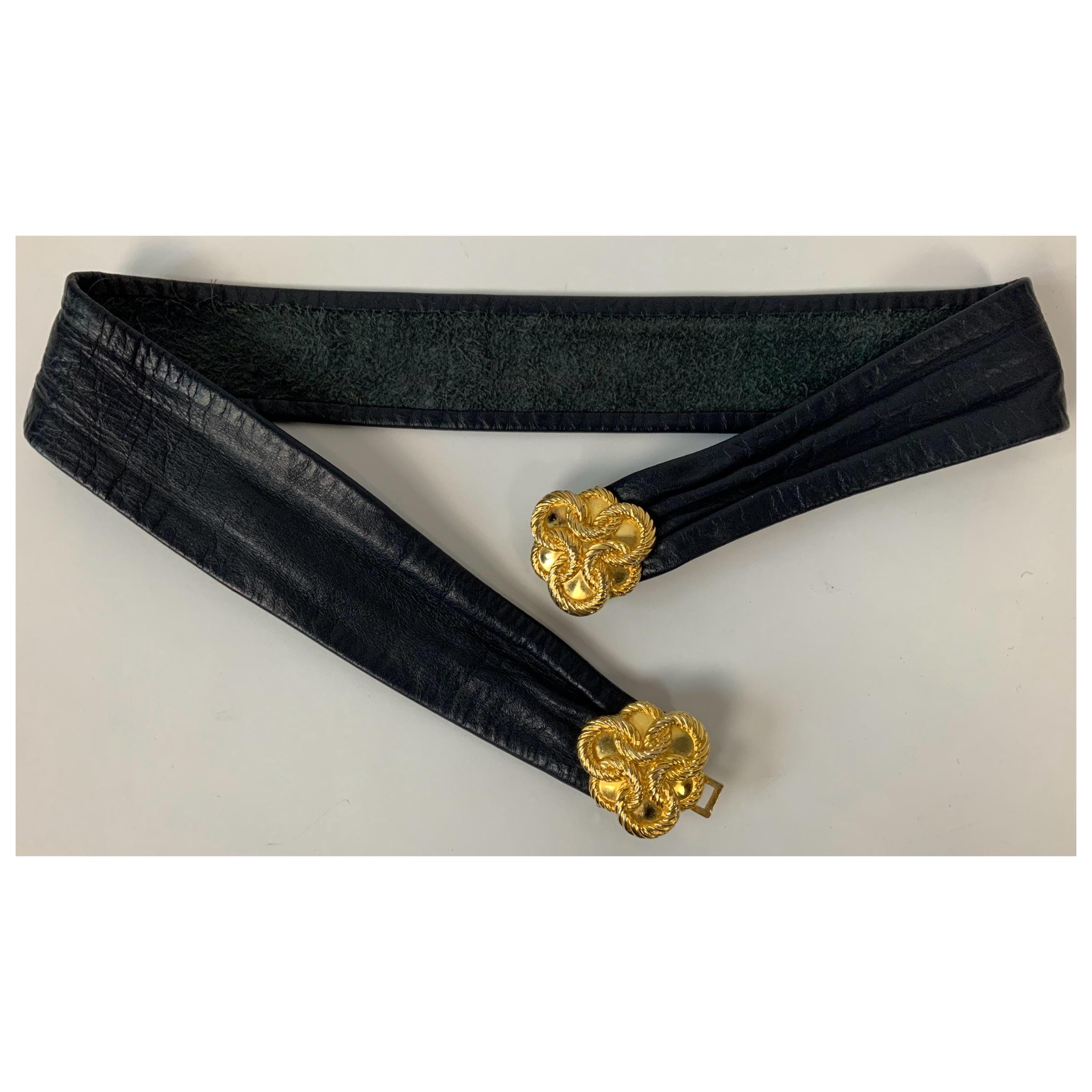 Vintage Gold Hook Buckle Leather Belt / Blue Adjustable 