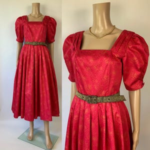 LAURA ASHLEY 80s Gold Thistle Print Raspberry Pink Bouffant Ball Gown / Vintage Puff Shoulder Wedding Guest Balloon Dress