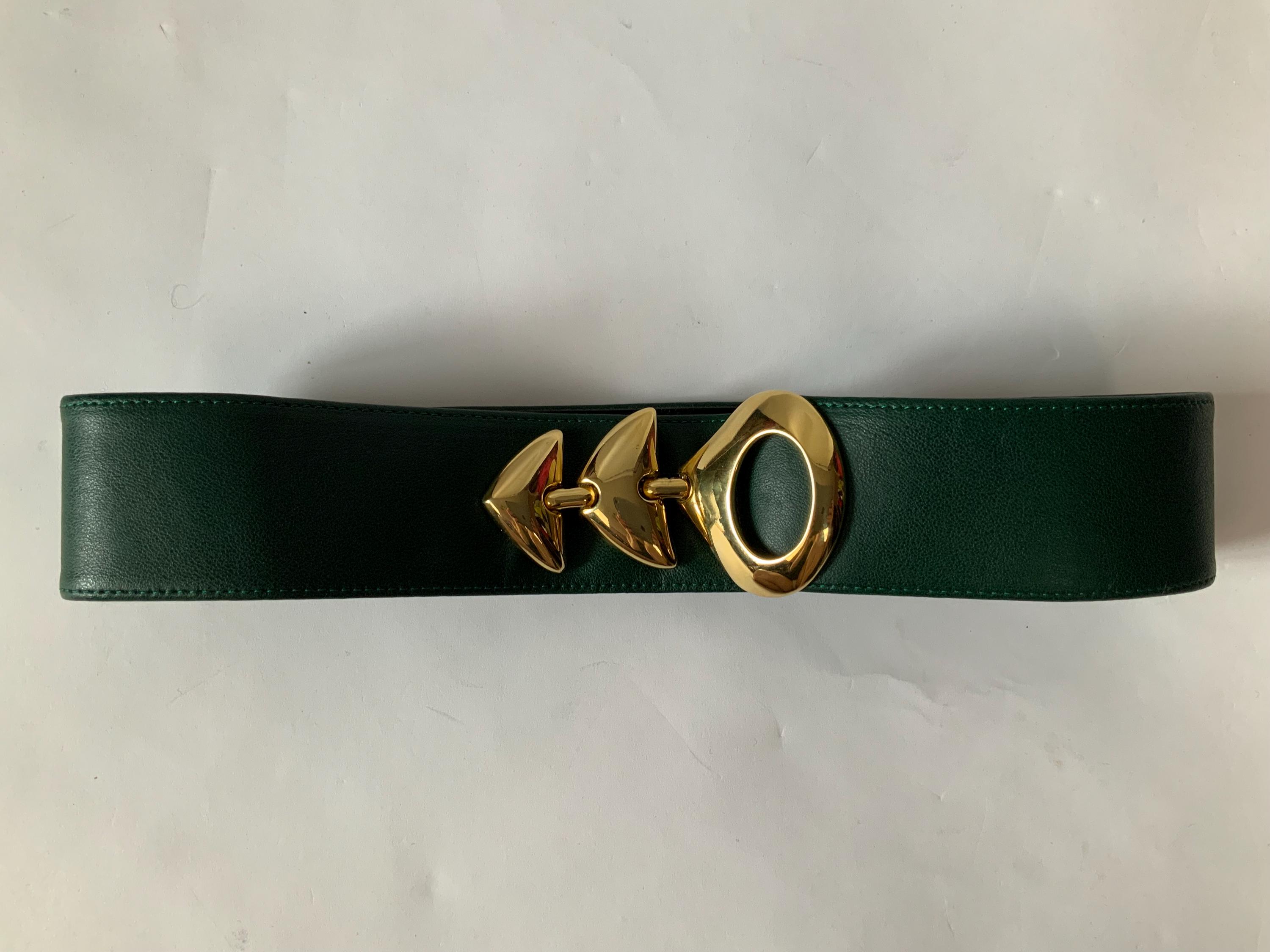 80s Golden Buckle Statement Belt / Vintage Green Leather  display picture 2
