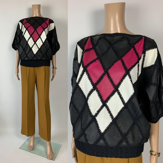 80s Leather Patchwork Oversize Blouse / Vintage B… - image 1