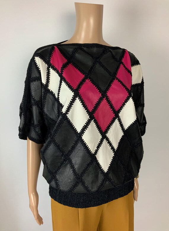80s Leather Patchwork Oversize Blouse / Vintage B… - image 6