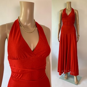 PUSZTA Vintage 70s Red Maxi Dress / Wedding Guest Gown / Sexy Open Back Dress / Halter Neck Long Goddess Dress / Drop Waist / Size S - M