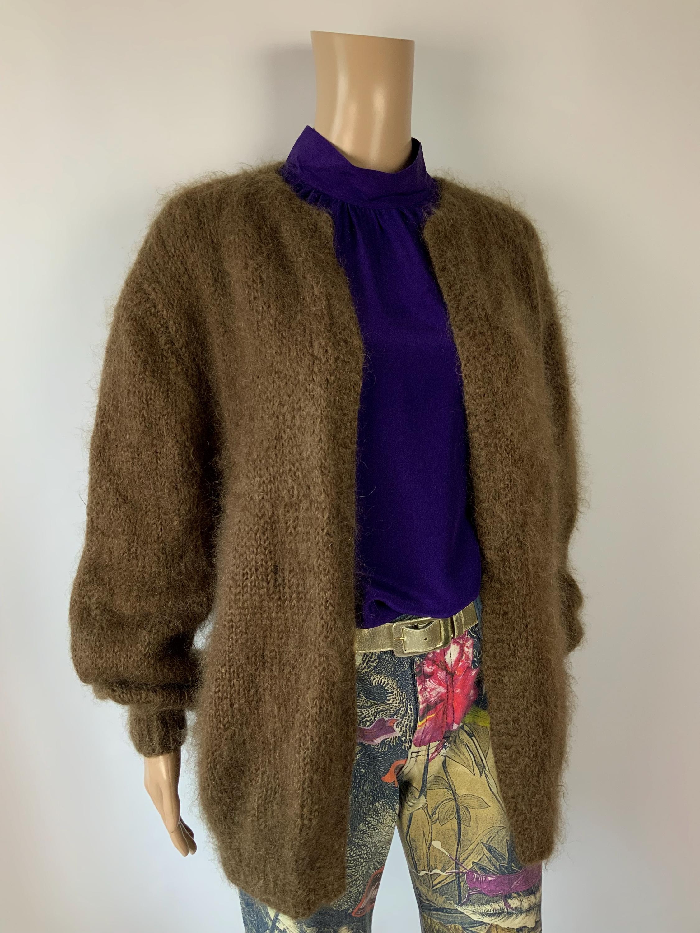 80s Vintage Shabby Chic Mohair Cardigan / Fuzzy Brown Wool Sweater 