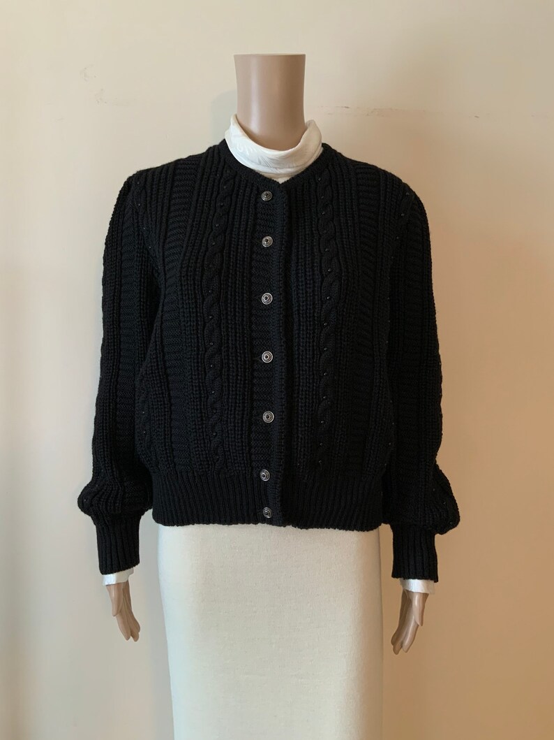 100/% Wool Dirndl Black Folk Mutton Puff Sleeve Wool Cardigan Trachten Bavarian Tyrolean Austrian Cable Knit Chunky Beaded Button Up Sweater