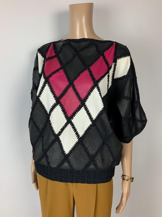 80s Leather Patchwork Oversize Blouse / Vintage B… - image 10
