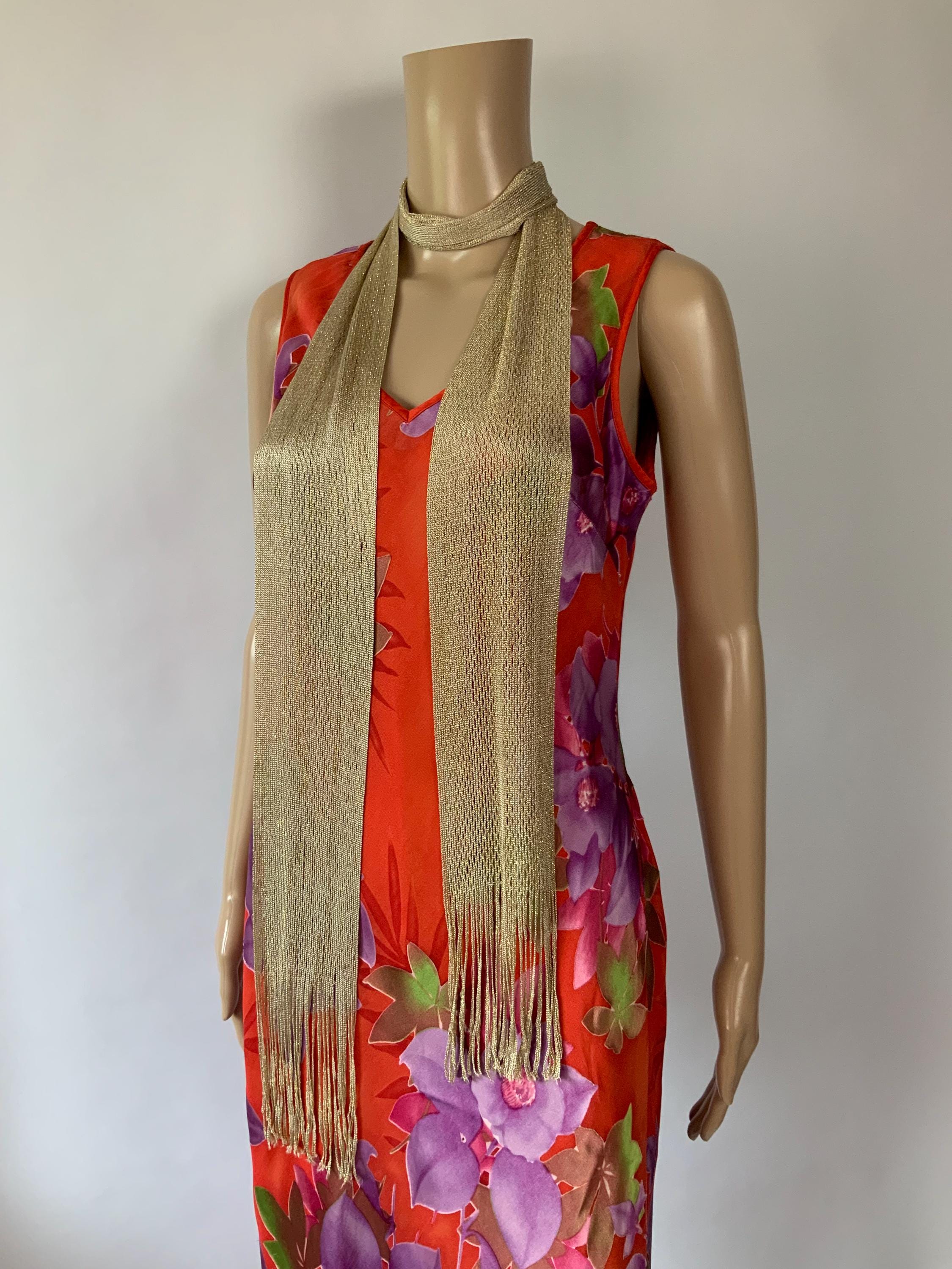 gimmick shawl Stall ストール00's y2k goa lgb Vintage Gold Fishnet Skinny Scarf / Sparkly Boho Chic Knit