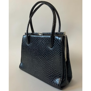 Vintage 1960s Black Faux Snakeskin Handbag | Mod Top Handle Structured Purse | Embossed Patent Reptile Leather Vinyl Frame Bag Minimalist
