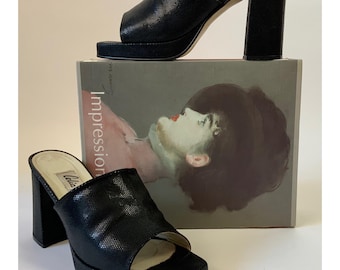 Vintage Y2K Platform Slip On Leather Mules | Open Toe Chunky Block Heel Clogs