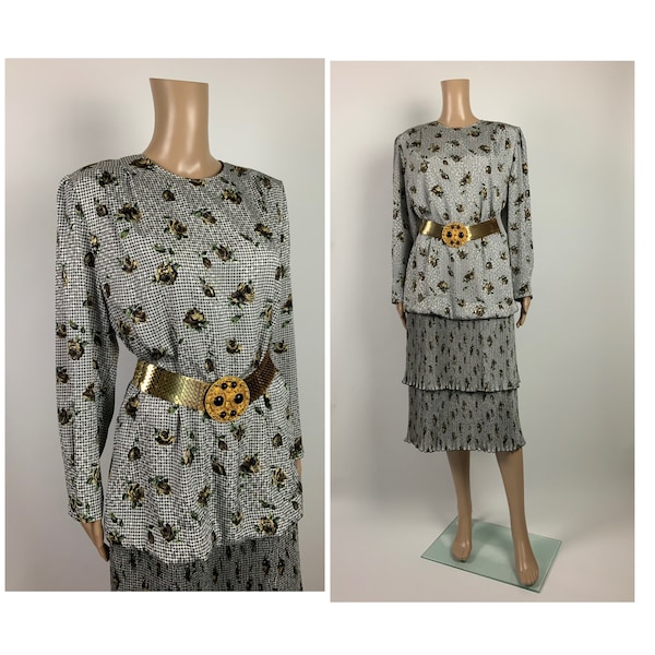 GIVENCHY rare vintage des années 80, robe florale vichy taille basse, jupe mi-longue plissée, taille L - XL