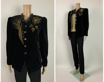 1980's Embroidered Velvet Vintage Blazer Padded Shoulders Women Tuxedo Jacket Size M