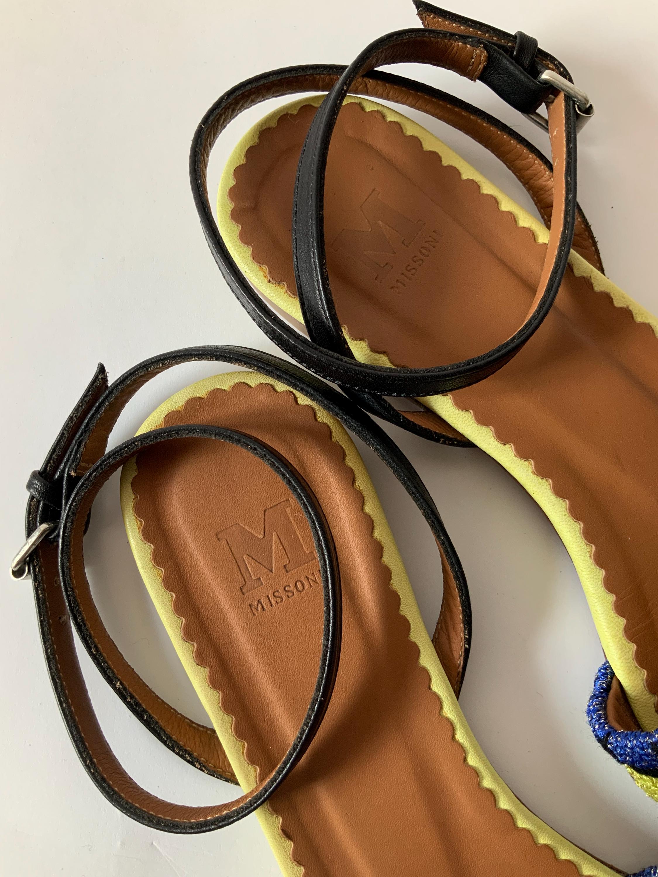 MISSONI Vintage Ankle Strap Leather Sandals / Sparkly Yellow
