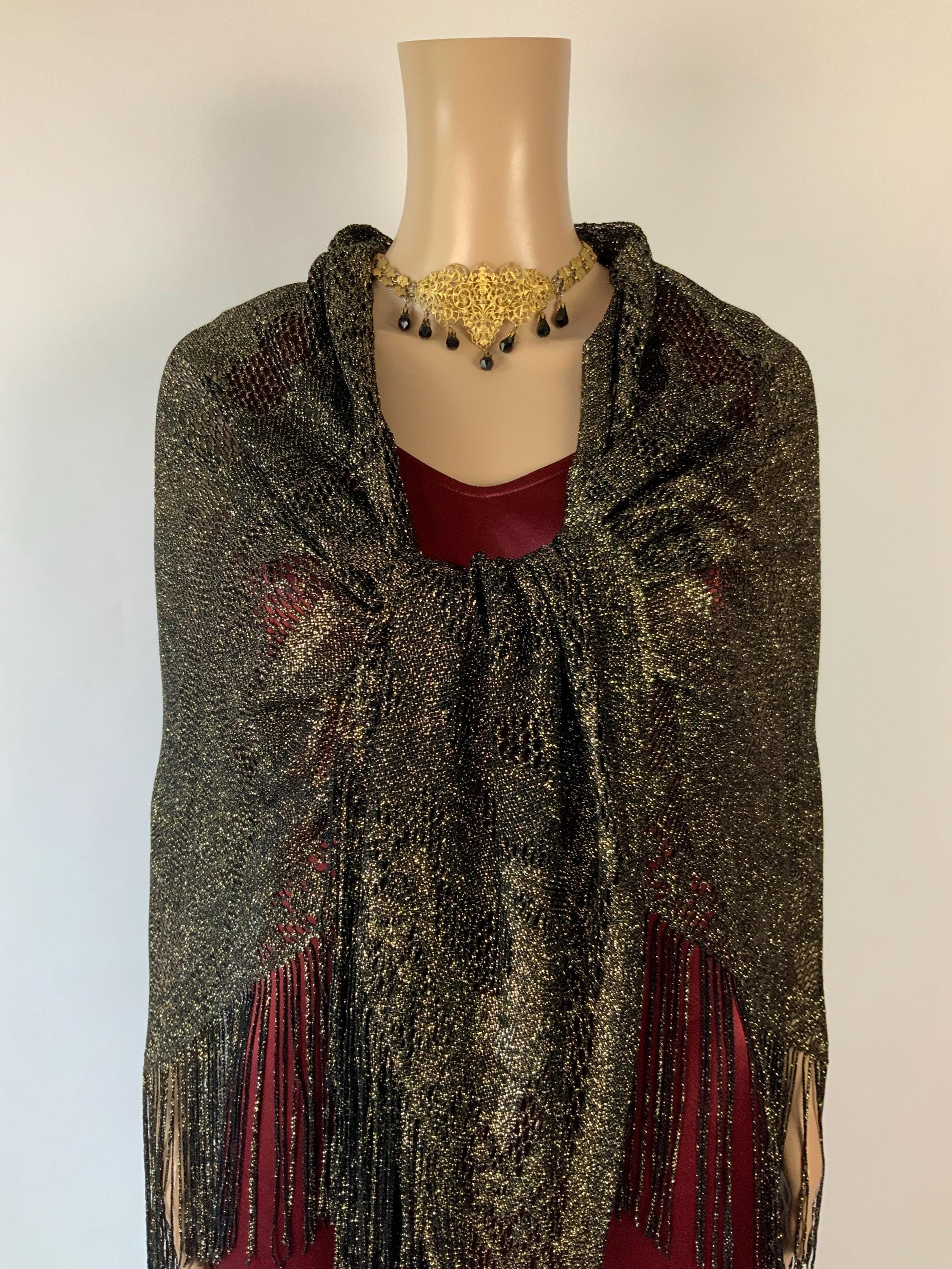 Vintage Gold Triangle Piano Scarf / Shiny Metallic Fringe