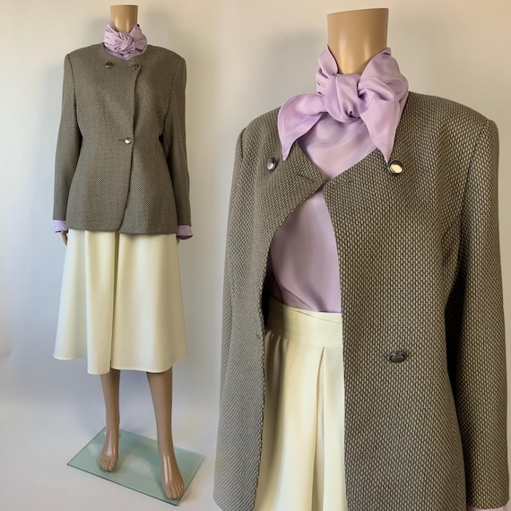 Vintage Finland Wool Blazer | 1980s Collarless Suit Jacket | Textured Basketweave Nipped Waist Chic Suit Coat