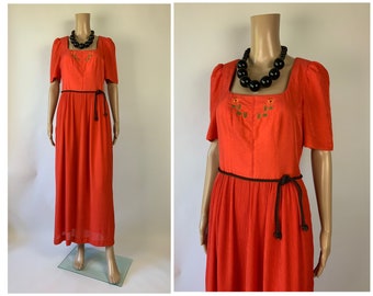 Vintage Puff Sleeve Red Long Dress Austrian Folk Dirndl Maxi Size S SPORTALM