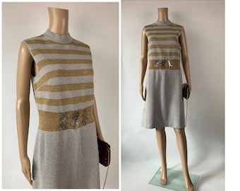 LOUIS FERAUD 1960's Space Age Moon Girl Vintage Dress Silver Gold Sleeveless Decorated Waist Size L - XL