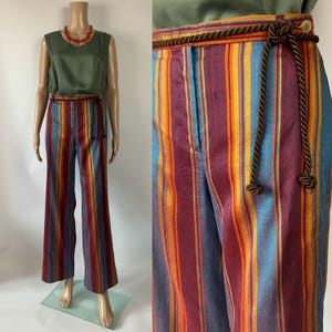 Vintage Silk Boho Chic Pants / Striped Wide Leg Trousers / Straight Leg / Summer Festival Outfit / Size S - M