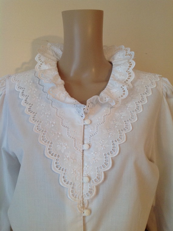 Dirndl Lace Ruffle Detail White Cotton Blouse Shir