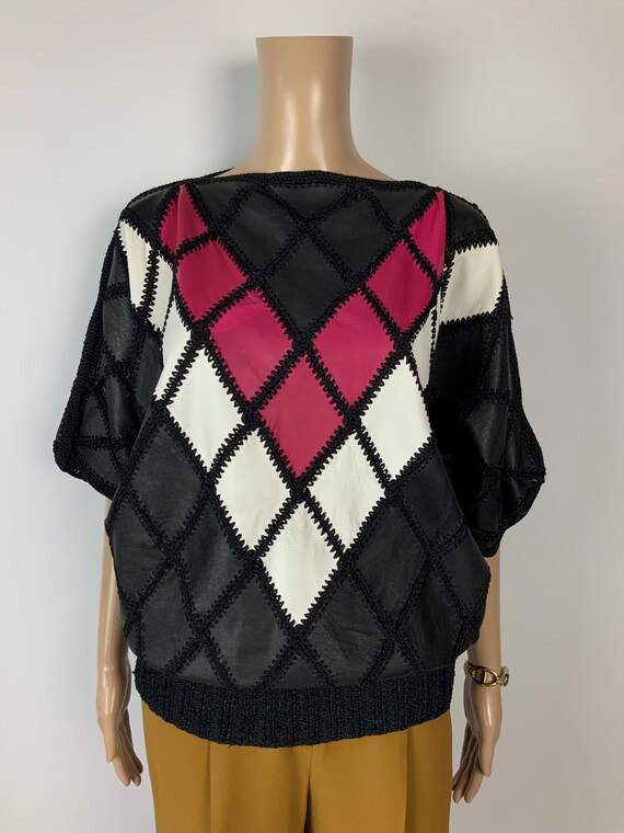 80s Leather Patchwork Oversize Blouse / Vintage B… - image 3
