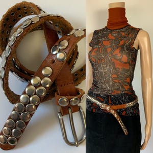 Vintage Rock Chic Studded Leather Belt / Bohemian Festival Low Waist Rivet Belt / Khaite Benny Sam Brown