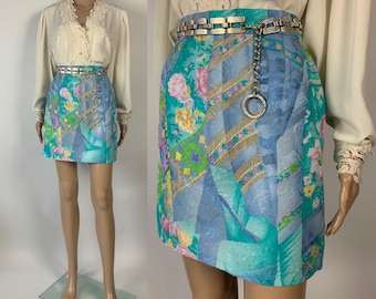 Vintage 80s Multicolour Abstract Brocade Skirt / Blue Floral Summer Mini