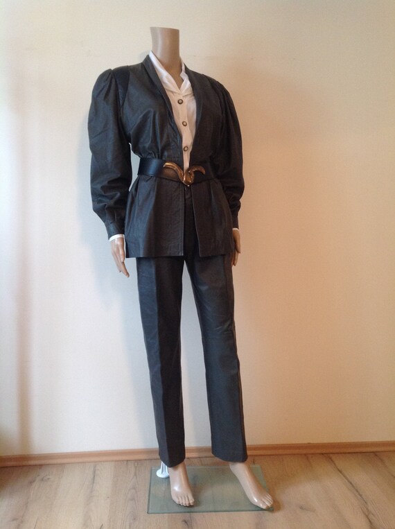 1980's Genuine Leather Grey Black Pants Suit Set,