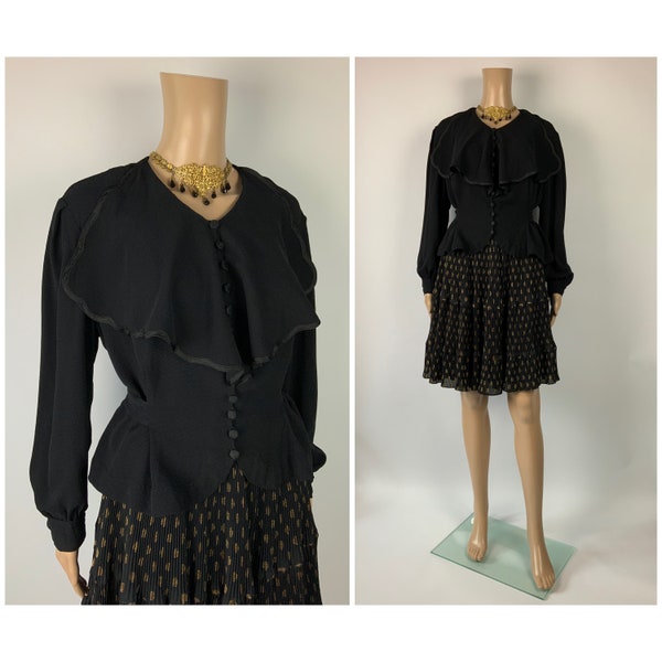 1930's Sailor Collar Black Blouse Vintage Elegant Rayon Crepe Shirt Size M - L