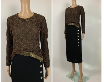 Vintage Elegant Brown Lace Blouse Sheer Long Sleeve Shirt Size S THERESE BAUMAIRE