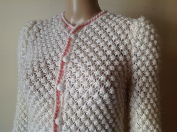 Vintage Mutton Sleeve Cardigan, White Pink Bobble