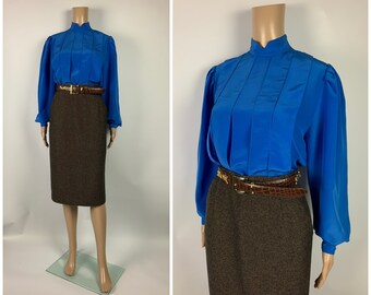 Vintage 1980's Bright Blue Puffy Blouse Front Detail Shirt Size M - L ALLUMETTE