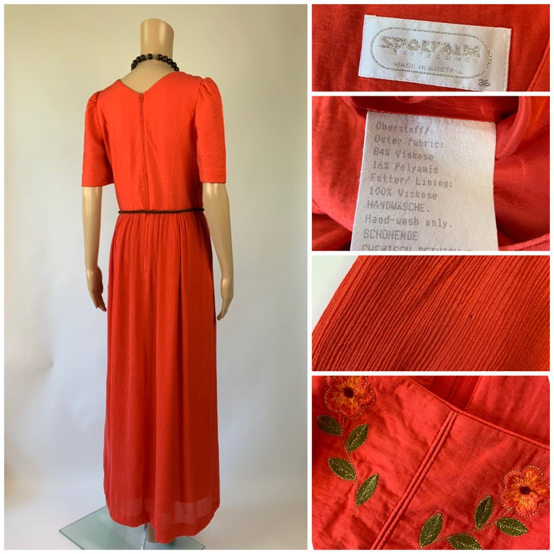 Vintage Red Summer Maxi Dress Puff Sleeve Austrian Folk Dirndl Gown Size S SPORTALM zdjęcie 7