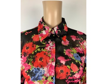 ROBERTO CAVALLI Vintage Sheer Shimmering Floral Blouse Cuff Charm Designer Shirt