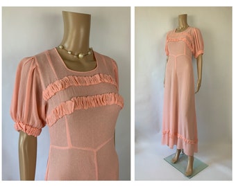 Vintage 1930's Pink Semi Seer Puff Sleeve Maxi Dress Floor Length Gown Wounded Bird Size S