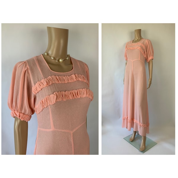 Robe longue rose semi-voyante vintage des années 1930 à manches bouffantes et longueur au sol, oiseau blessé, taille S