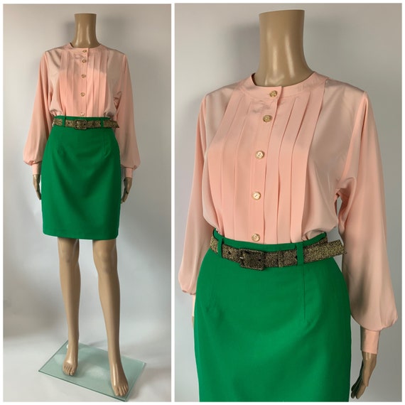 1980's Elegant Pink Blouse Vintage Pleated Front … - image 10