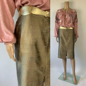 Vintage 90er Jahre Seidenrock / Hellbrauner knielanger Bürokleidchen / Übergröße / Made in Italy