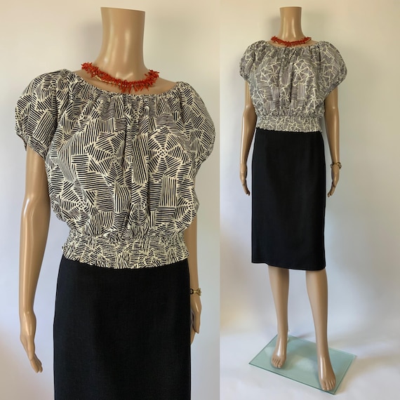 Vintage 90s Black Linen Viscose Pencil Skirt Basic Office