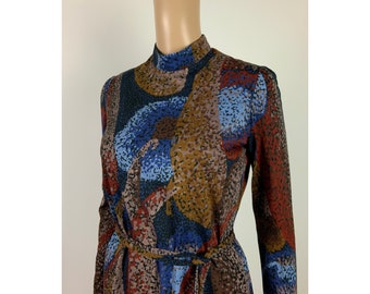 AKRIS 1960's Abstract Print Vintage Dress Sixties High Neck Wool Jersey Size S - M