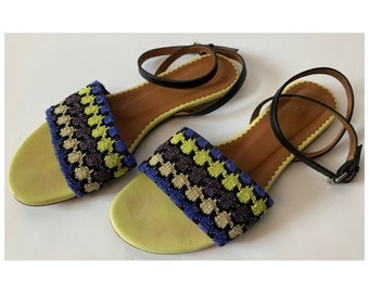 MISSONI Vintage Ankle Strap Sparkly Yellow Sandals Open Toe Summer Flats Size EU 37 Uk 4 US 6.5