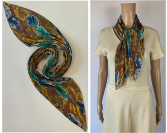 Vintage Painted Floral Plisse Scarf 1990's Pleated Neck Wrap Silky Head Shawl