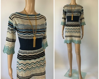 MISSONI Knitted Short Vintage Dress Zig Zag Stripe Tunic Size XS - S Made in Italy