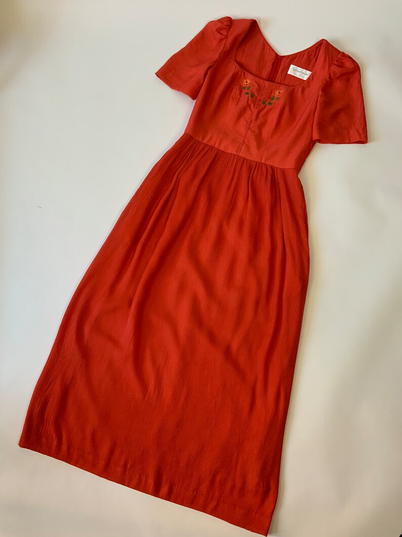 Vintage Red Summer Maxi Dress Puff Sleeve Austrian Folk Dirndl Gown Size S SPORTALM zdjęcie 8