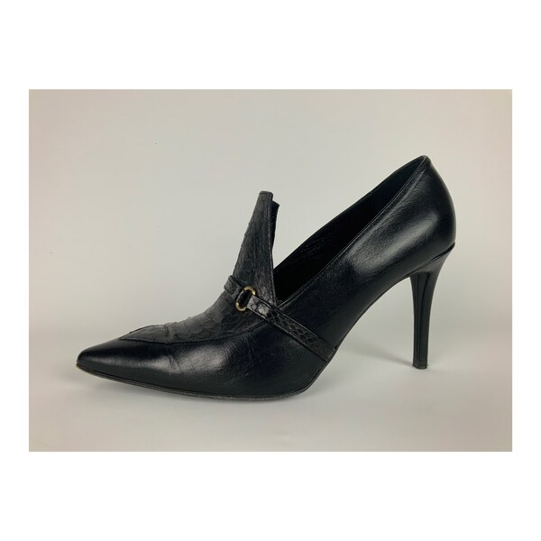 Vintage Black Leather Court Shoes Pointy Toe High Heel Pumps Size EU 40 UK 6.5 US 9