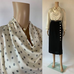 ESCADA Vintage SILK Blouse / White Polka Dot Shirt / 90&#39;s Dressy Cowl Neck Blouse / Dotted Silk Top / Size M - L