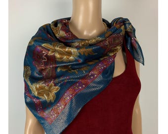 Vintage 70s Lurex Metallic Paisley Scarf | Made in Italy Teal Gold Silky Viscose Shawl | 1970s Shimmering Holiday Evening Wrap