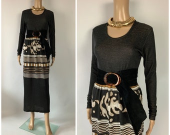 ARMAND BASI - Robe longue extensible gris anthracite vintage à manches longues, robe de créateur à imprimé abstrait, taille S - M