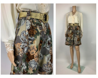 Vintage 1970er Boho Chic Blumen Wolle Shorts Romantischer Druck Hohe Taille Bermuda Hose Größe S - M
